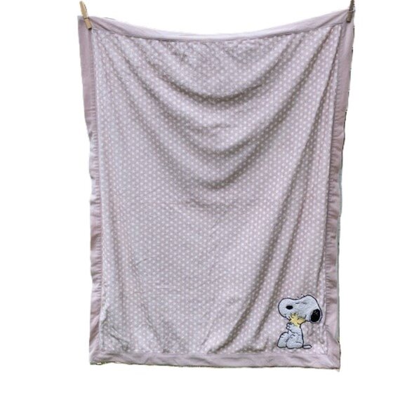 SNOOPY Peanuts Soft Fleece Baby Blanket Tan with White Polka Dots - Picture 1 of 12
